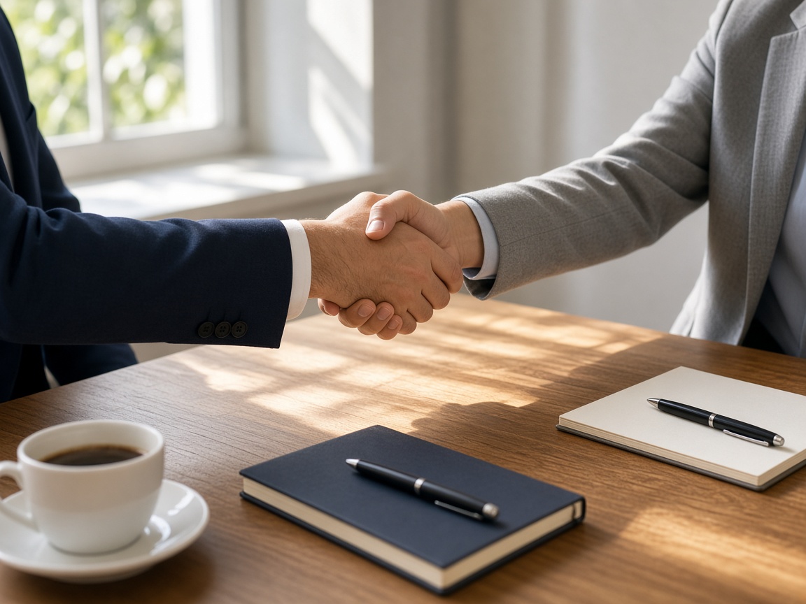 Two people confirming an agreement with a handshake