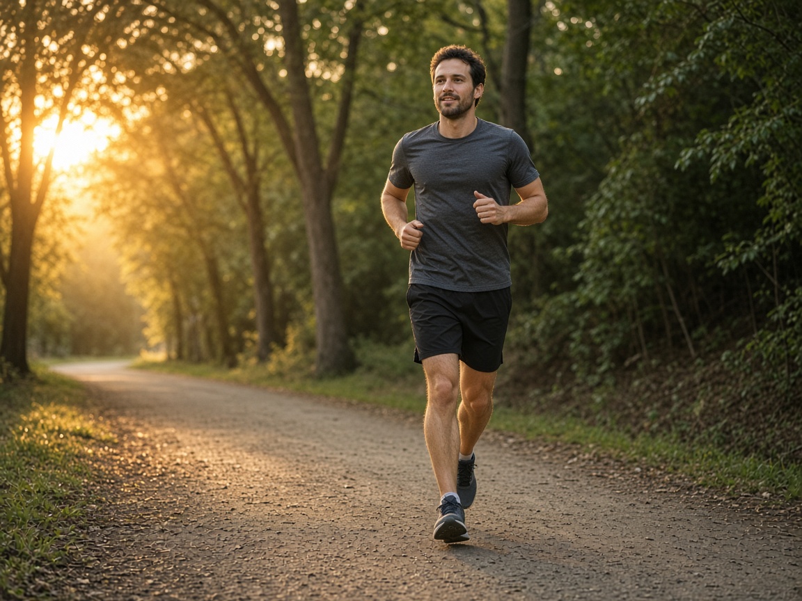 Person jogging on a sunrise trail