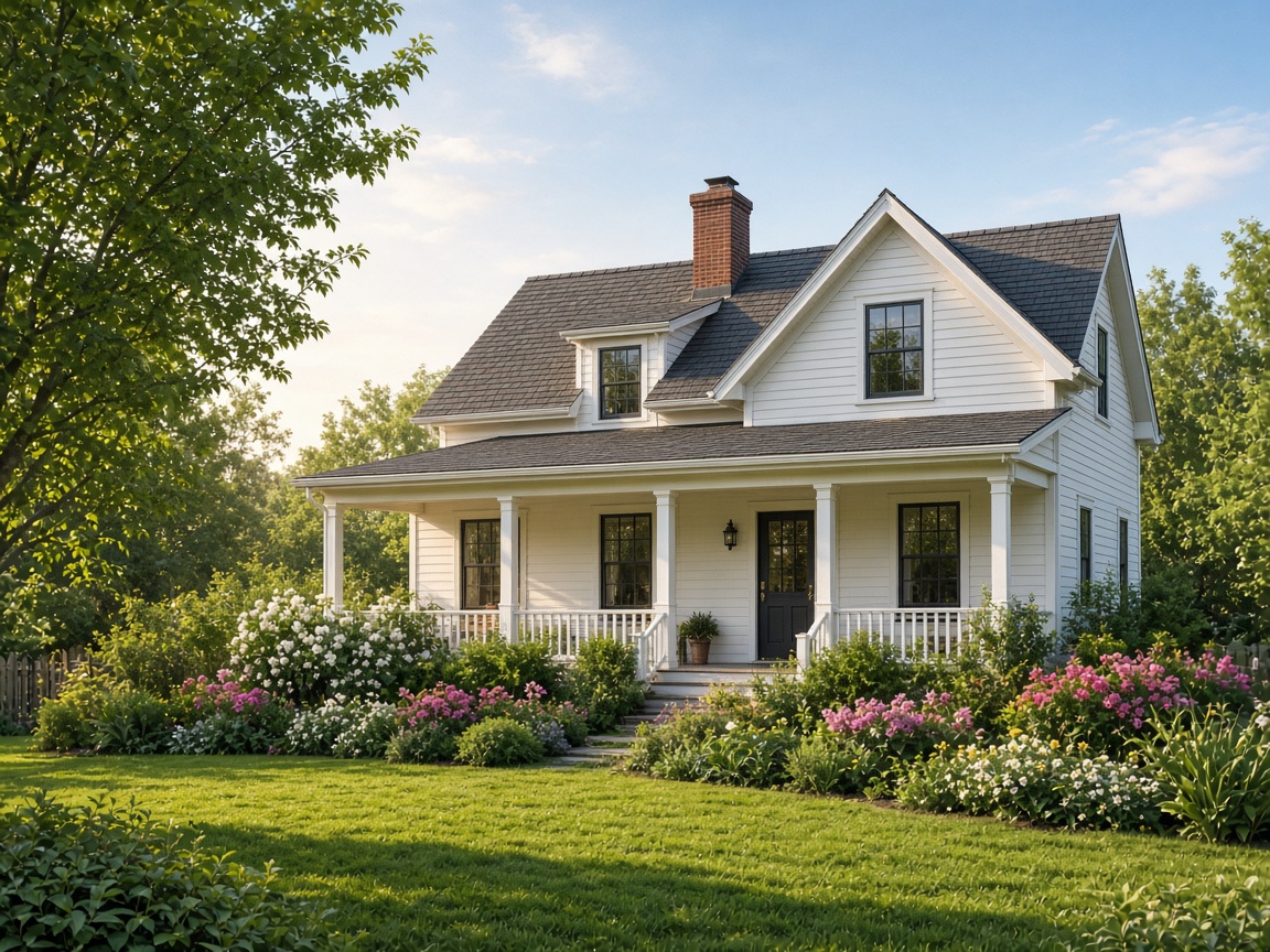 House with a garden in morning light