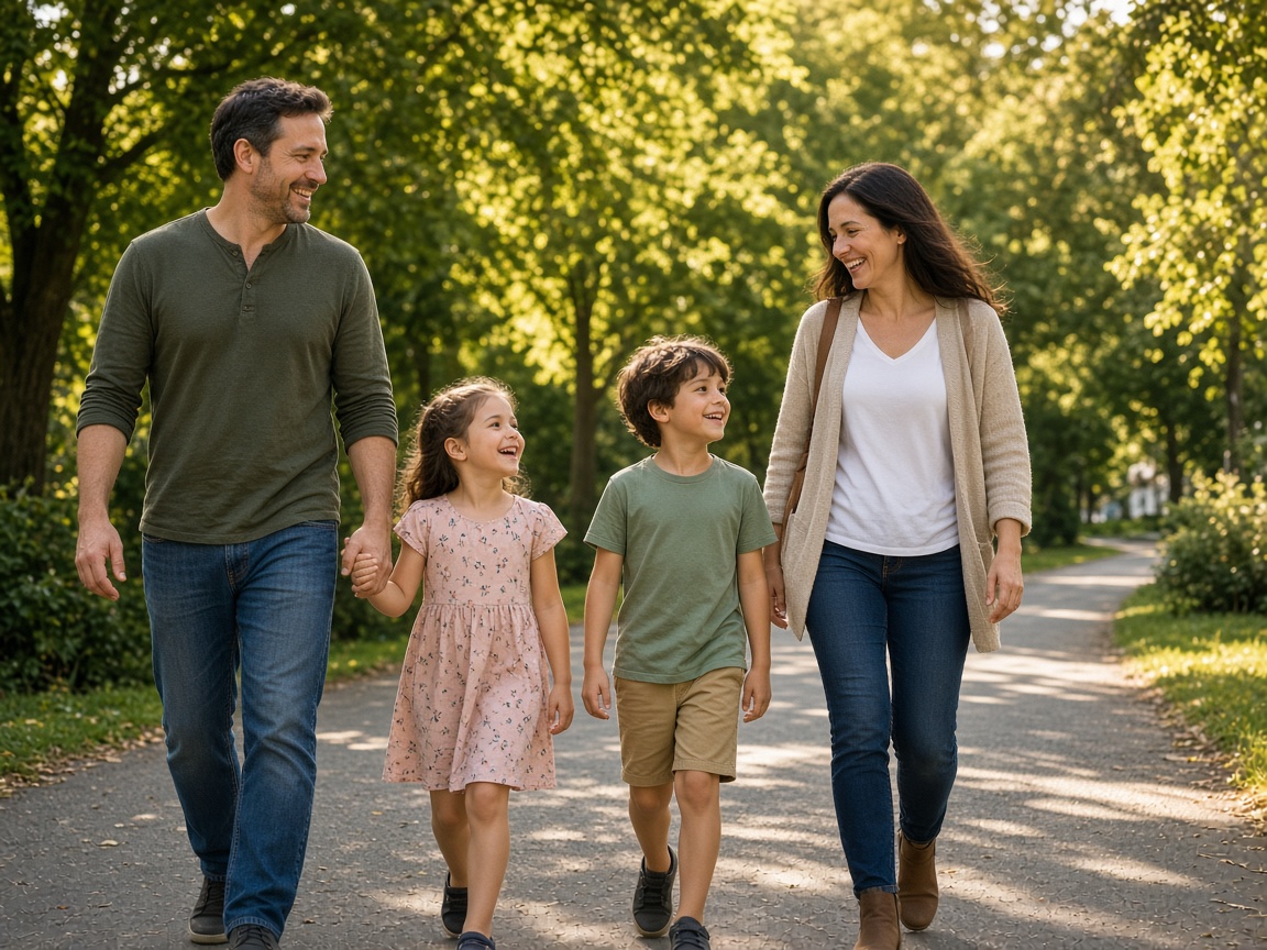 Family walking together on a park path